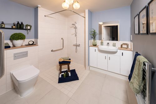 a bathroom with a standup shower