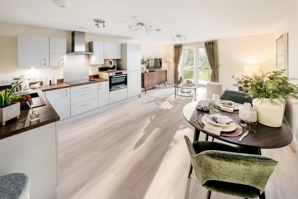a kitchen with a dining table