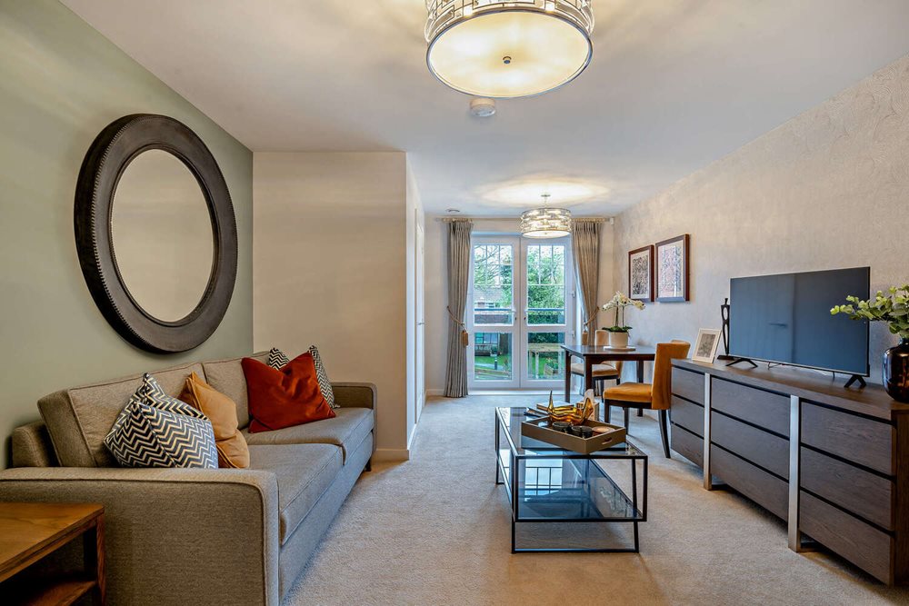 a living room with a couch and a table