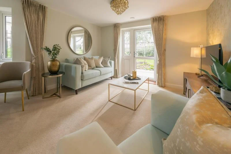 a living room with a couch and a table