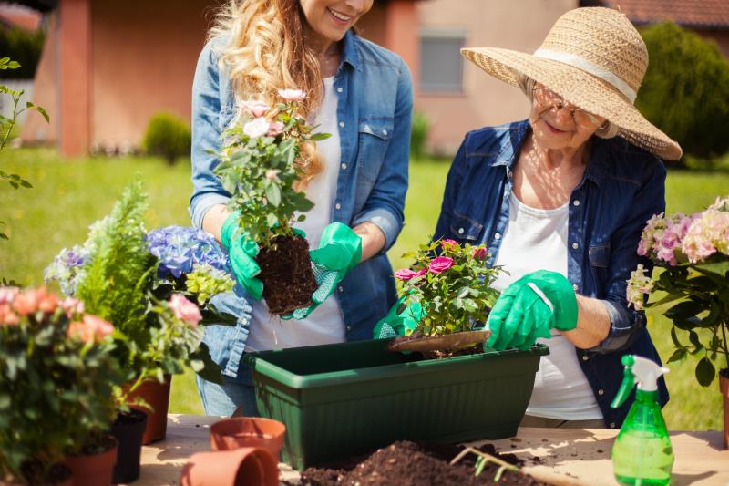 a couple of women working in a garden