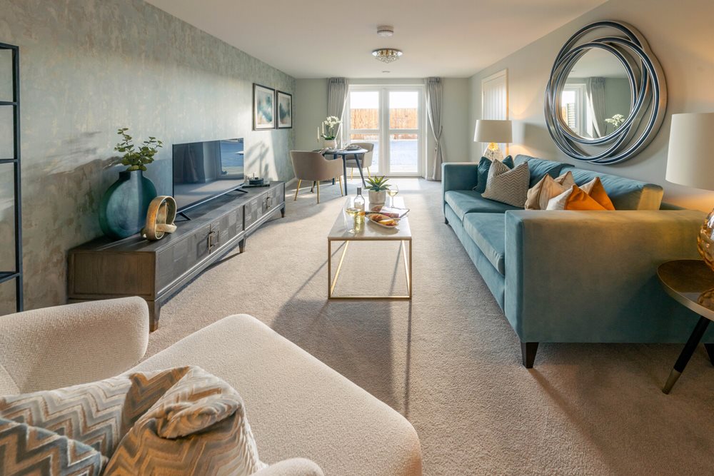 a living room with a couch and a table
