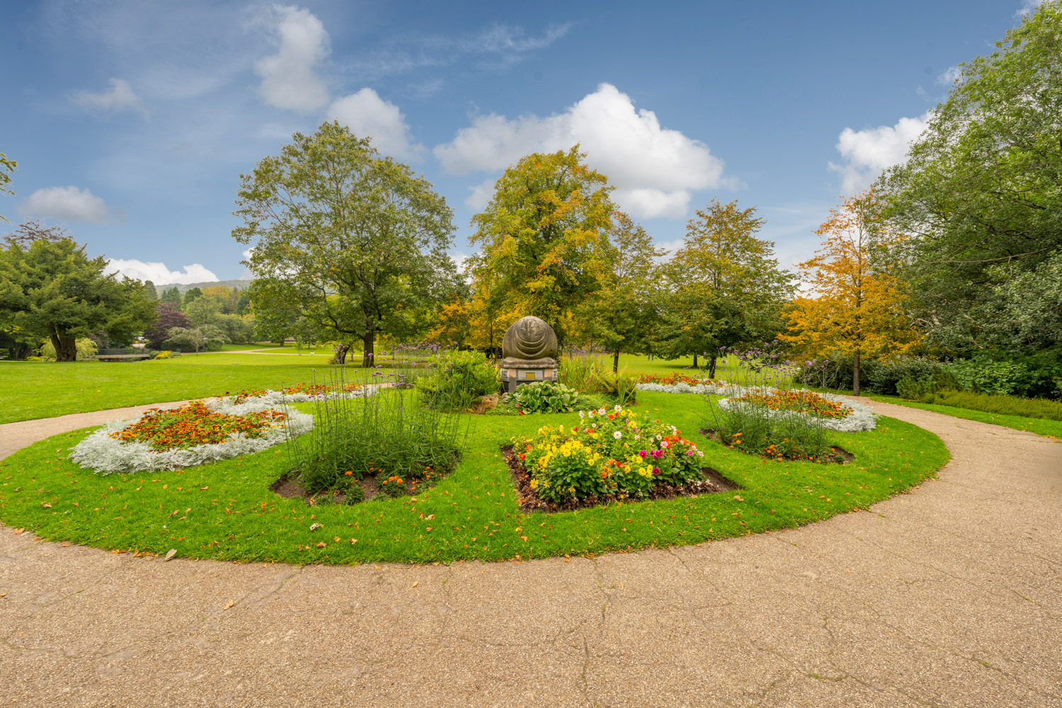 a garden with flowers and trees