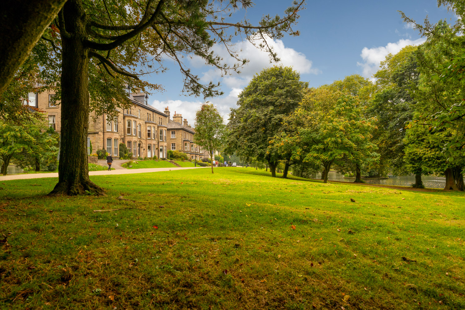 a large green lawn with trees and a building in the background