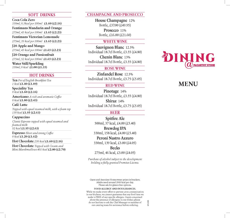 Devonshire Place Bistro Drinks Menu