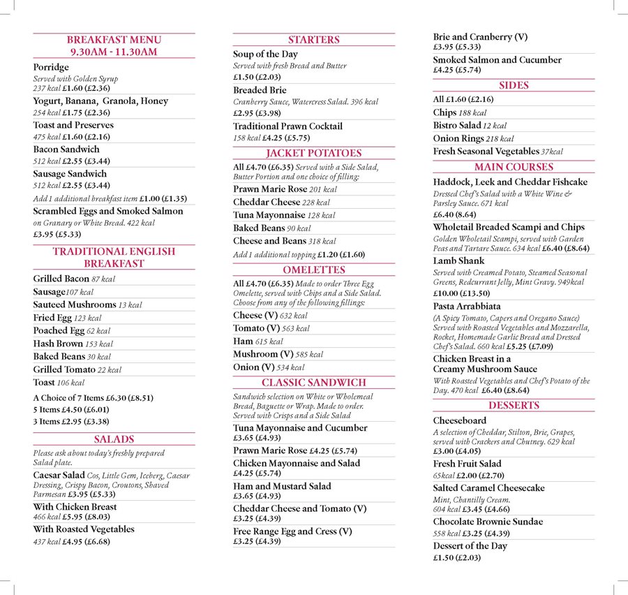 Devonshire Place Bistro Food Menu