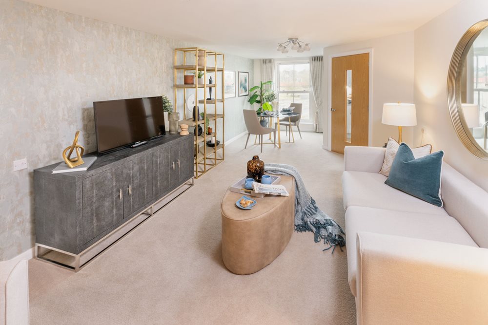 a living room with a fireplace
