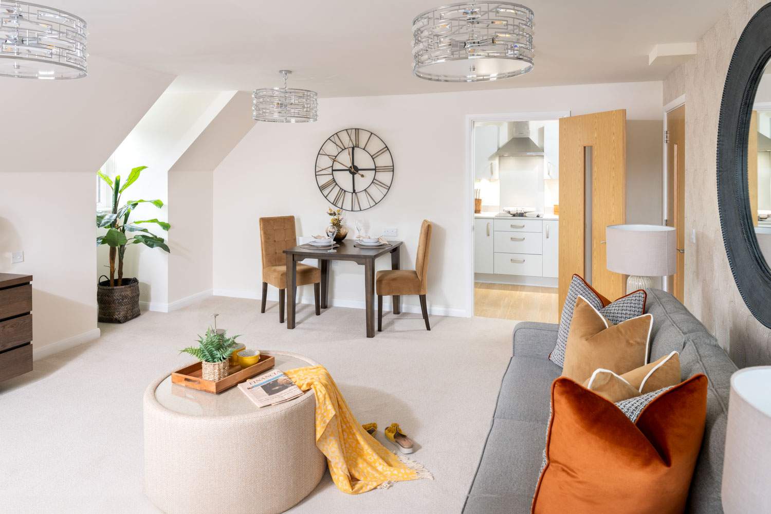 a living room with a large clock