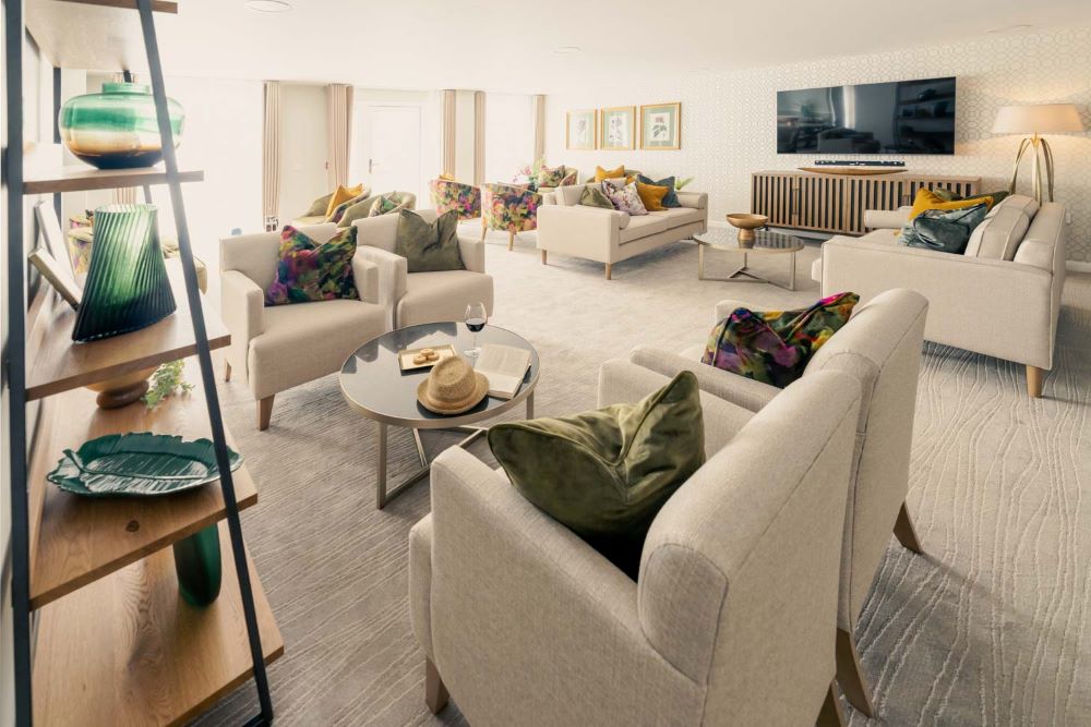 a living room with a couch and a coffee table