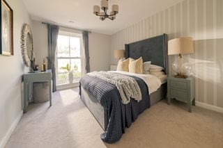 a bedroom with a bed and lamps