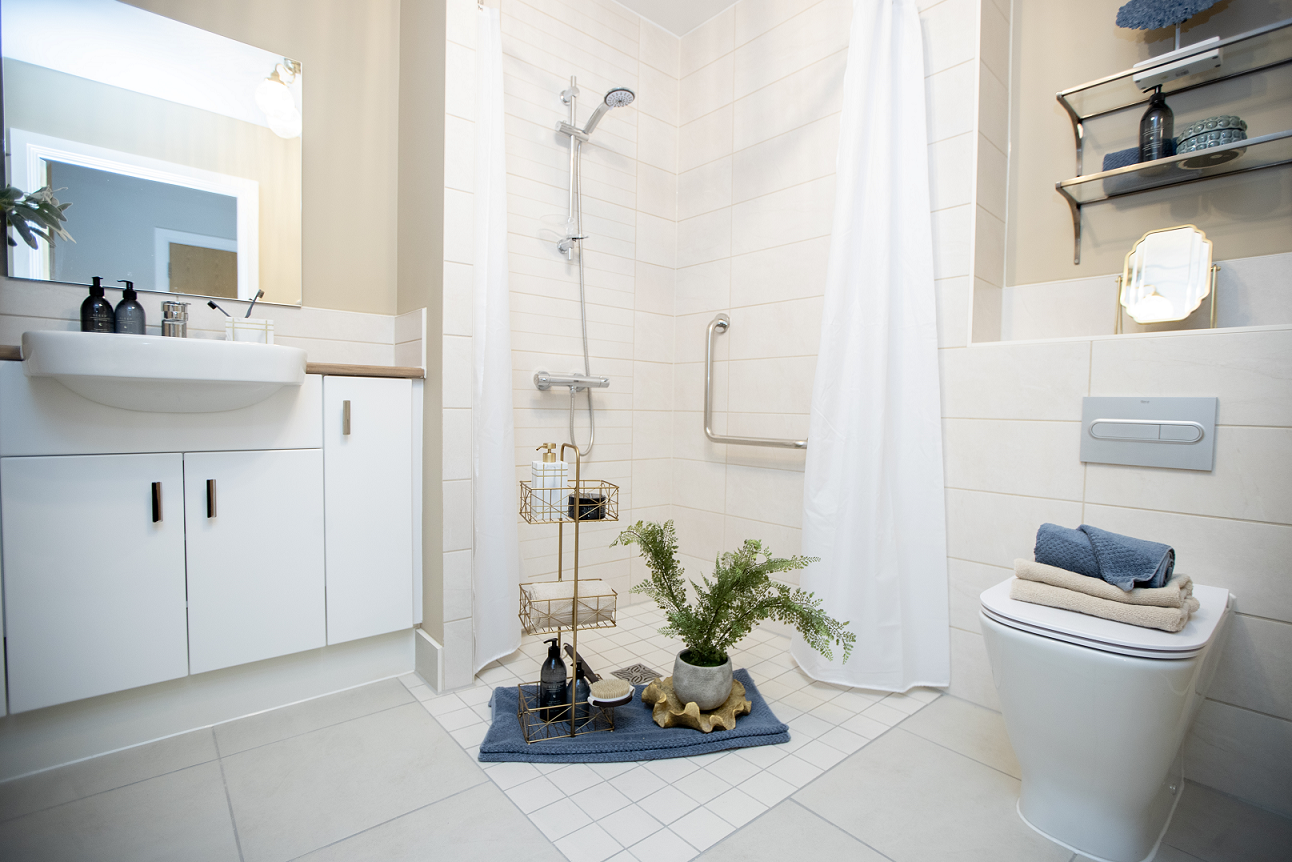 a bathroom with a shower curtain