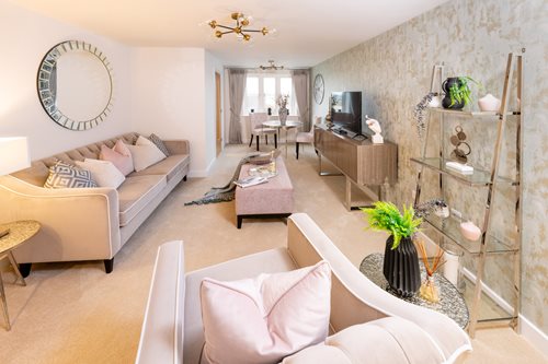 a living room with a large mirror