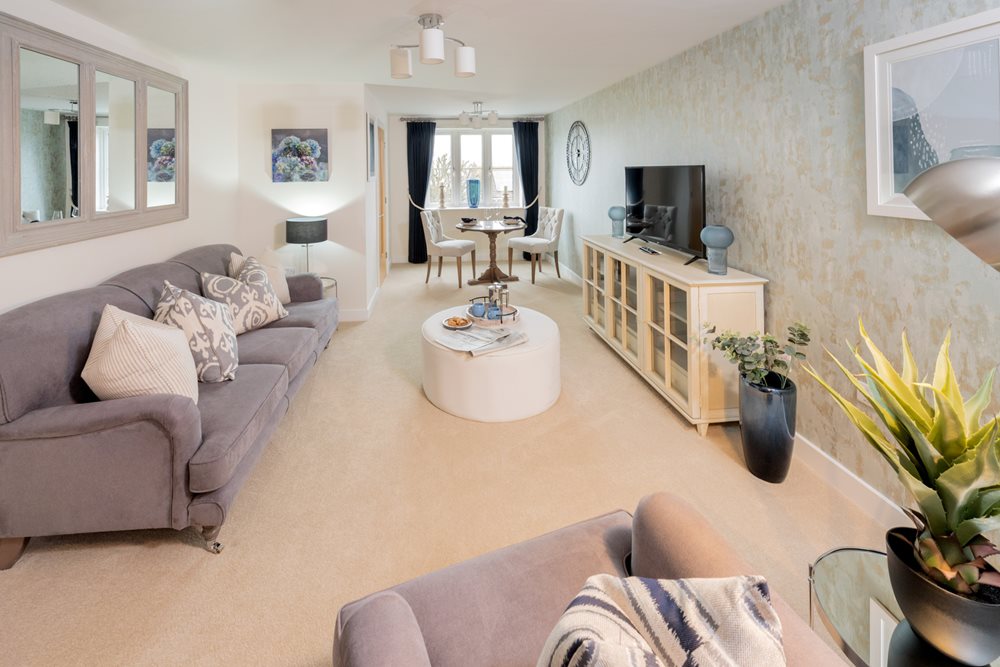 a living room with a fireplace