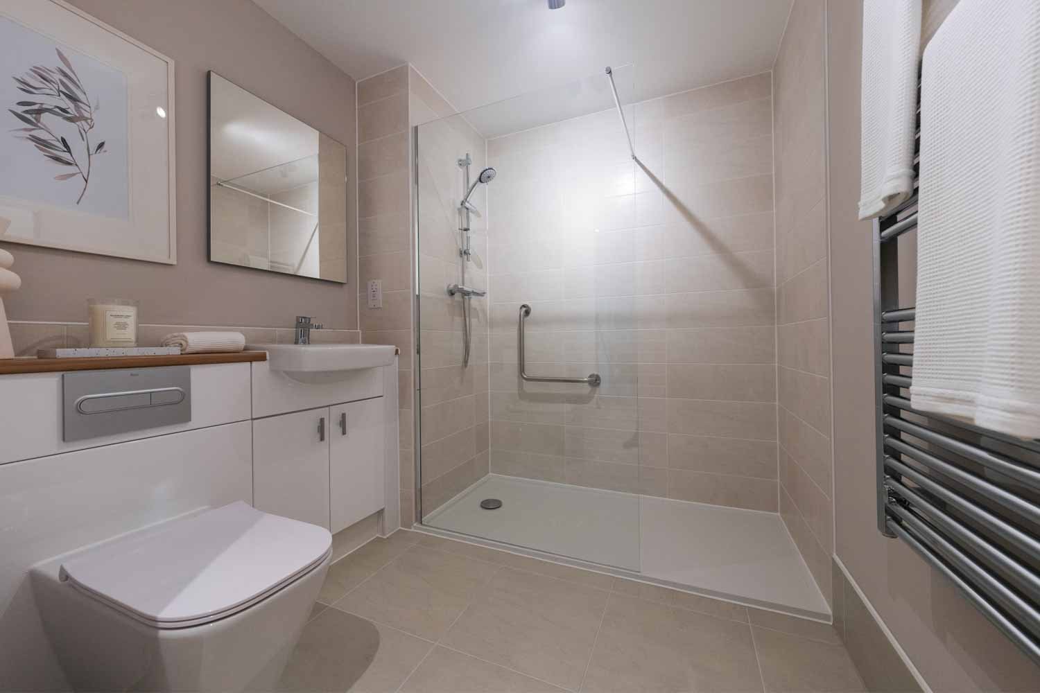 a bathroom with a shower and toilet