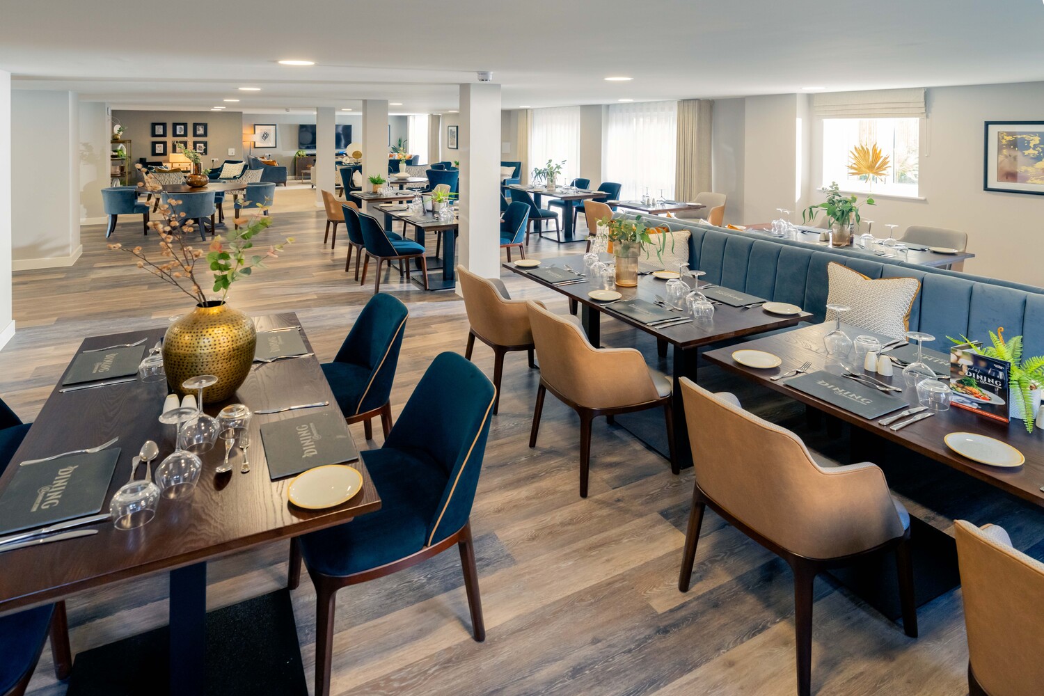 a room with tables and chairs