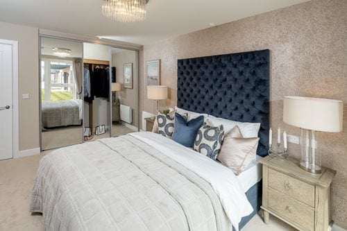 a bedroom with a bed and lamps