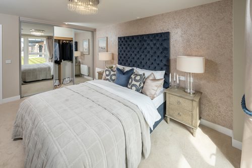 a bedroom with a bed and lamps