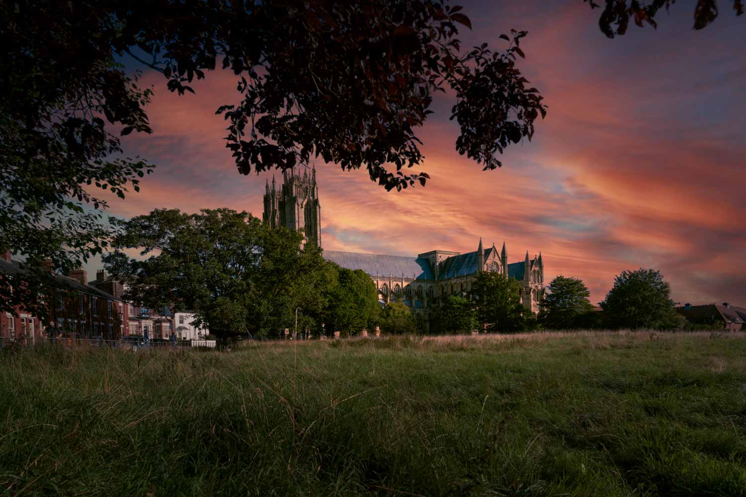 a grassy field with buildings in the background