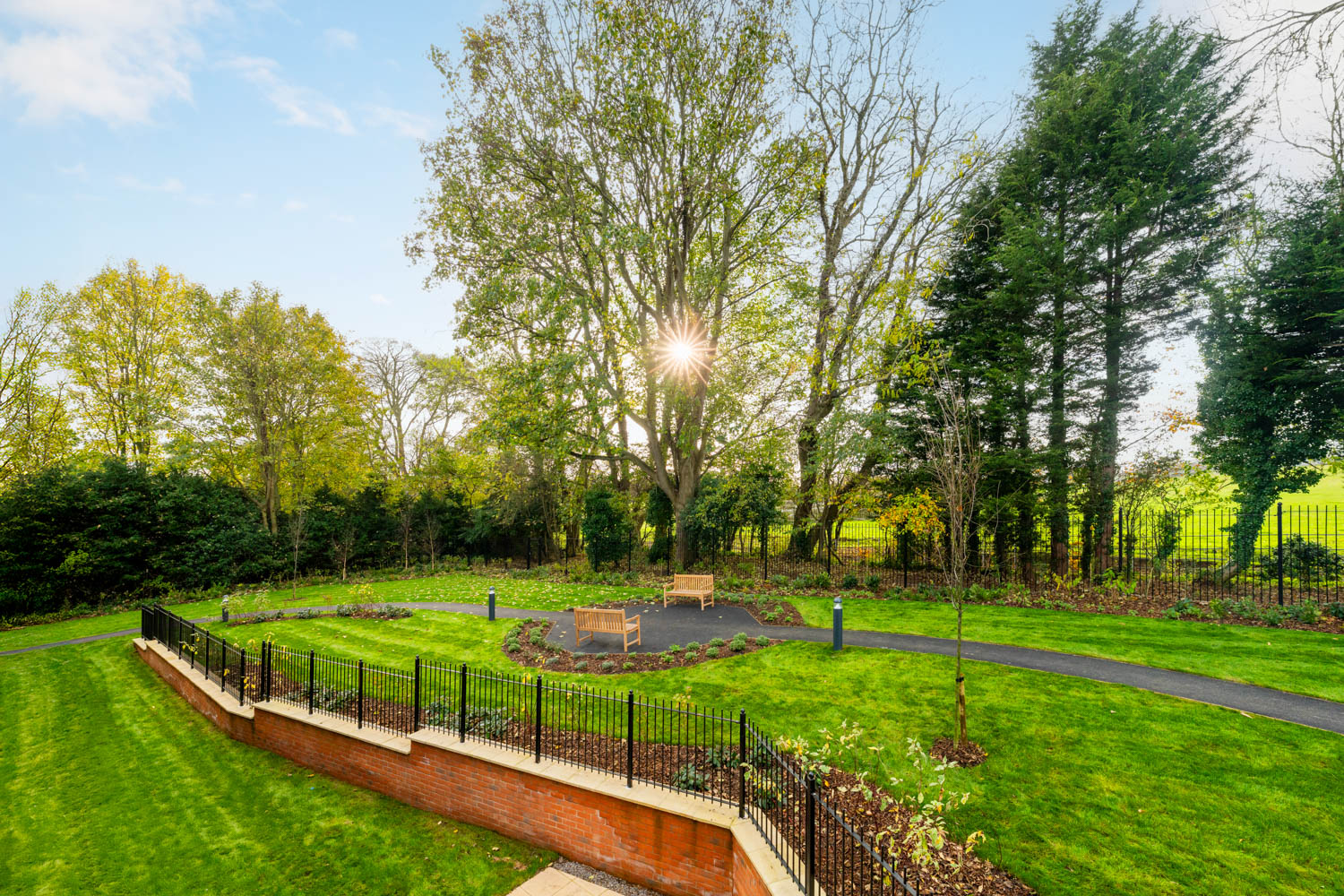 a park with a fence and trees