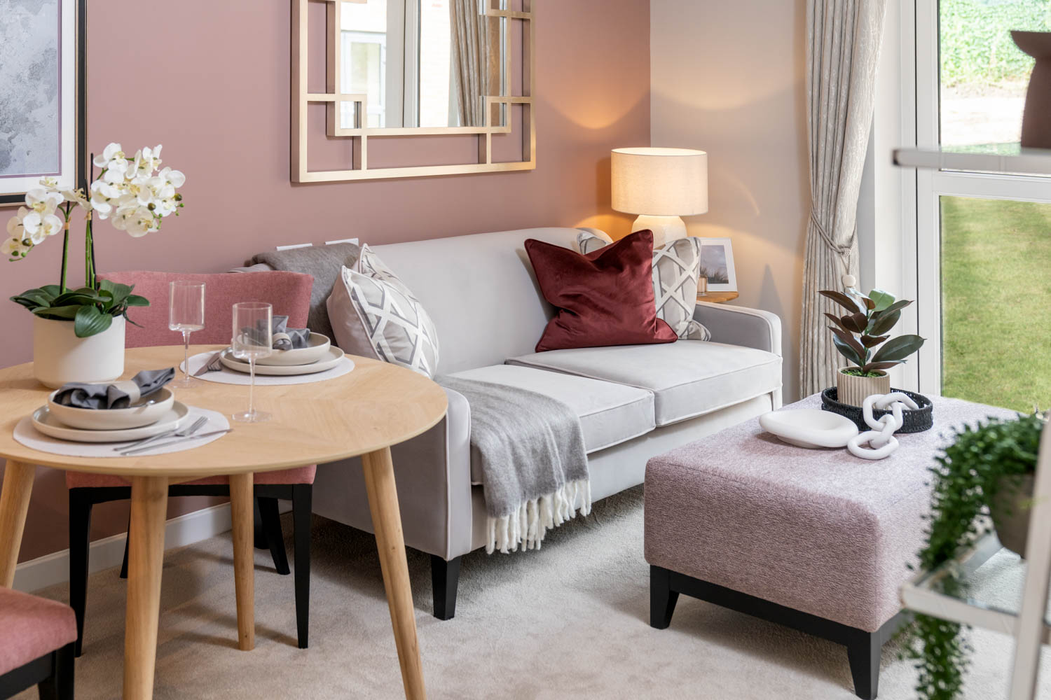 a living room with a couch and a table