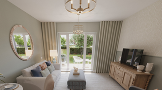 a living room with a large glass door