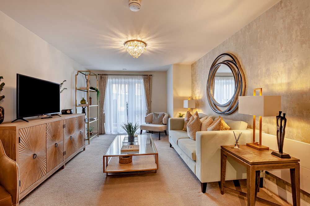 a living room with a large mirror