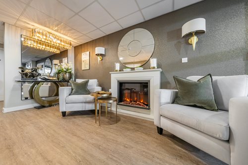 a living room with a fireplace