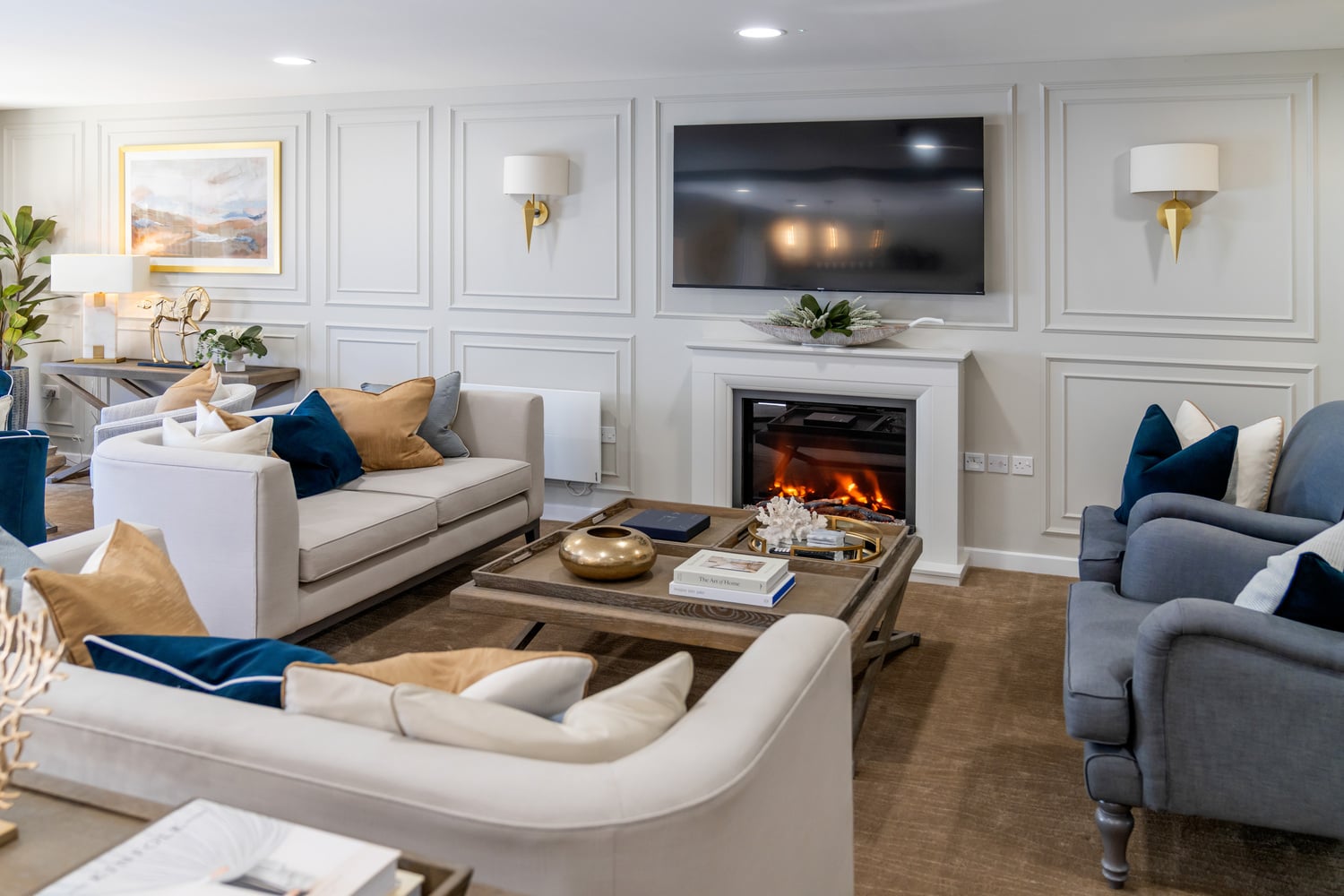 a living room with a fireplace