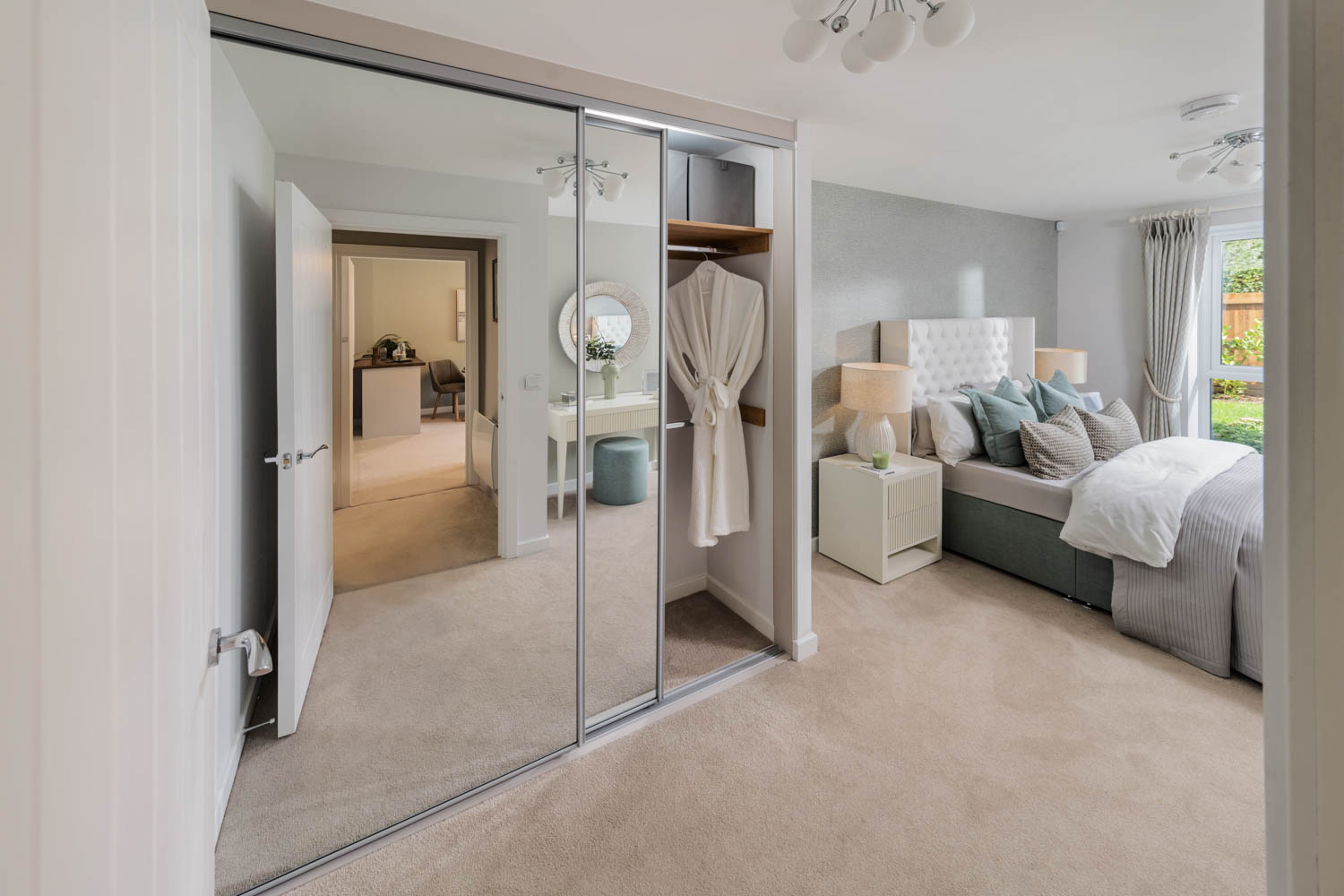 a bedroom with a glass door