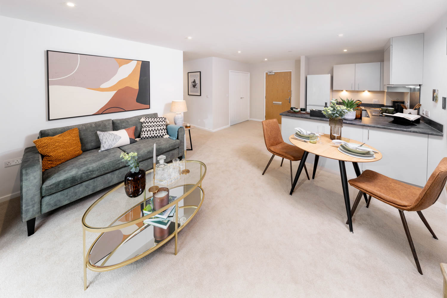 a living room with a couch and a table