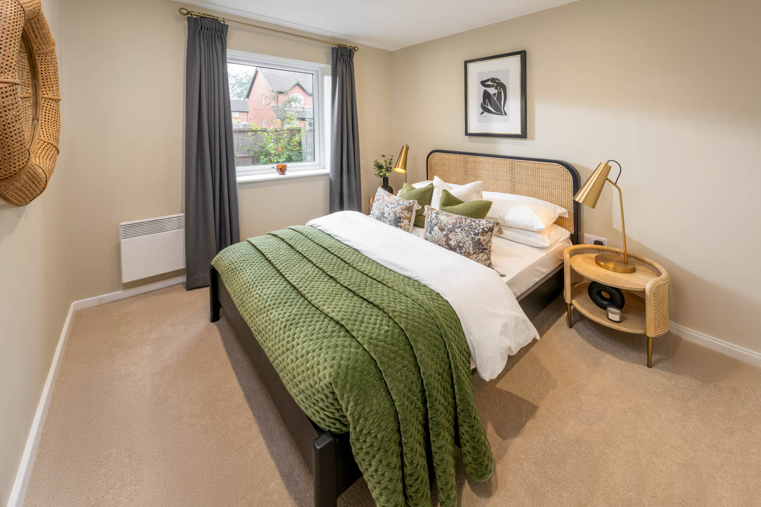 a bedroom with a bed and a table