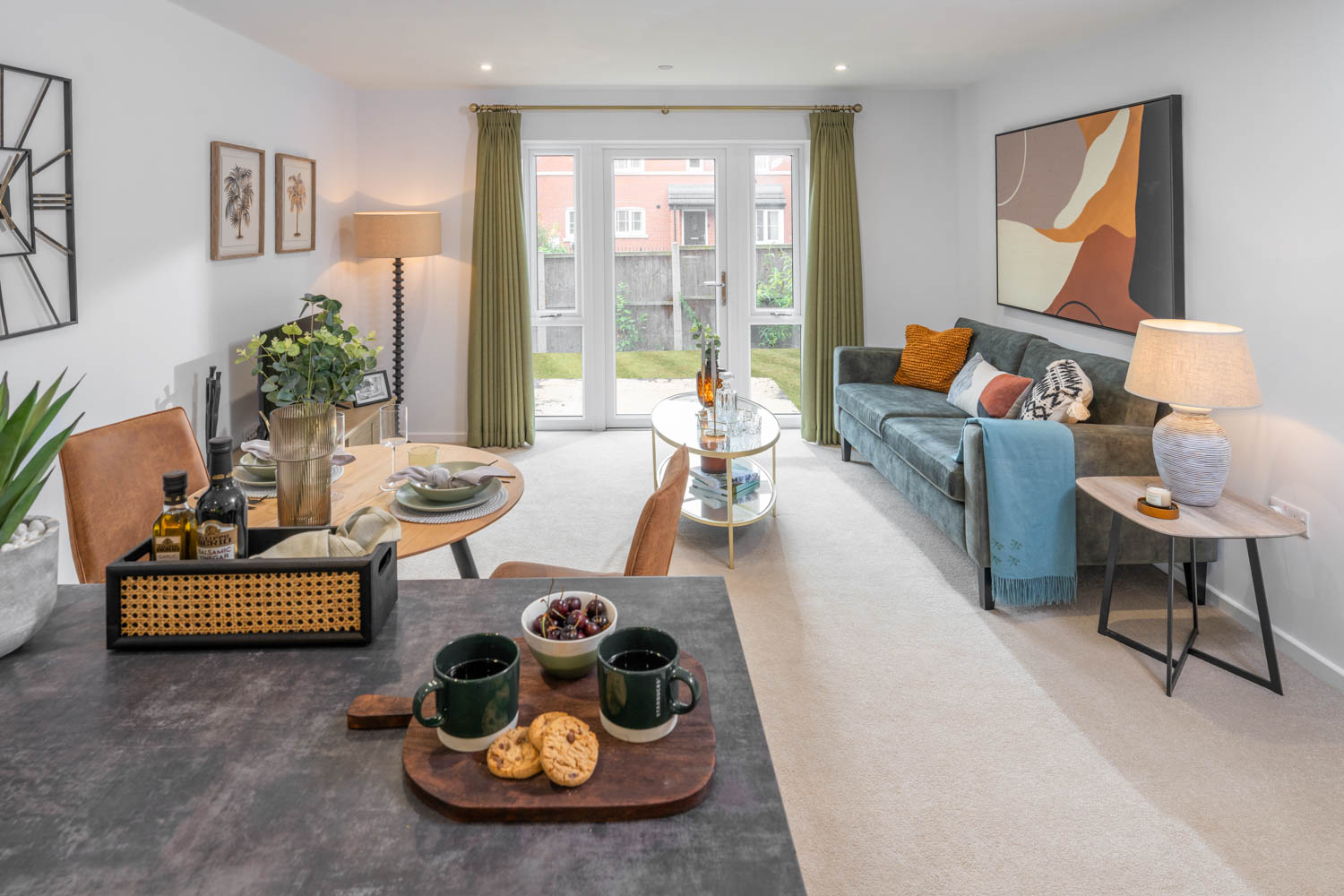 a living room with a couch and coffee table