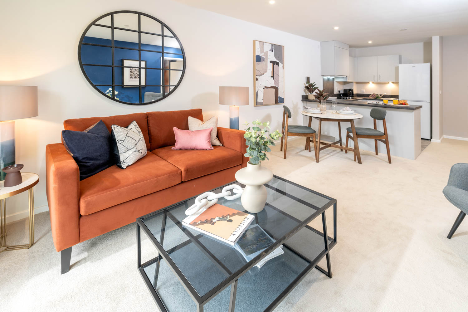 a living room with a couch and a coffee table