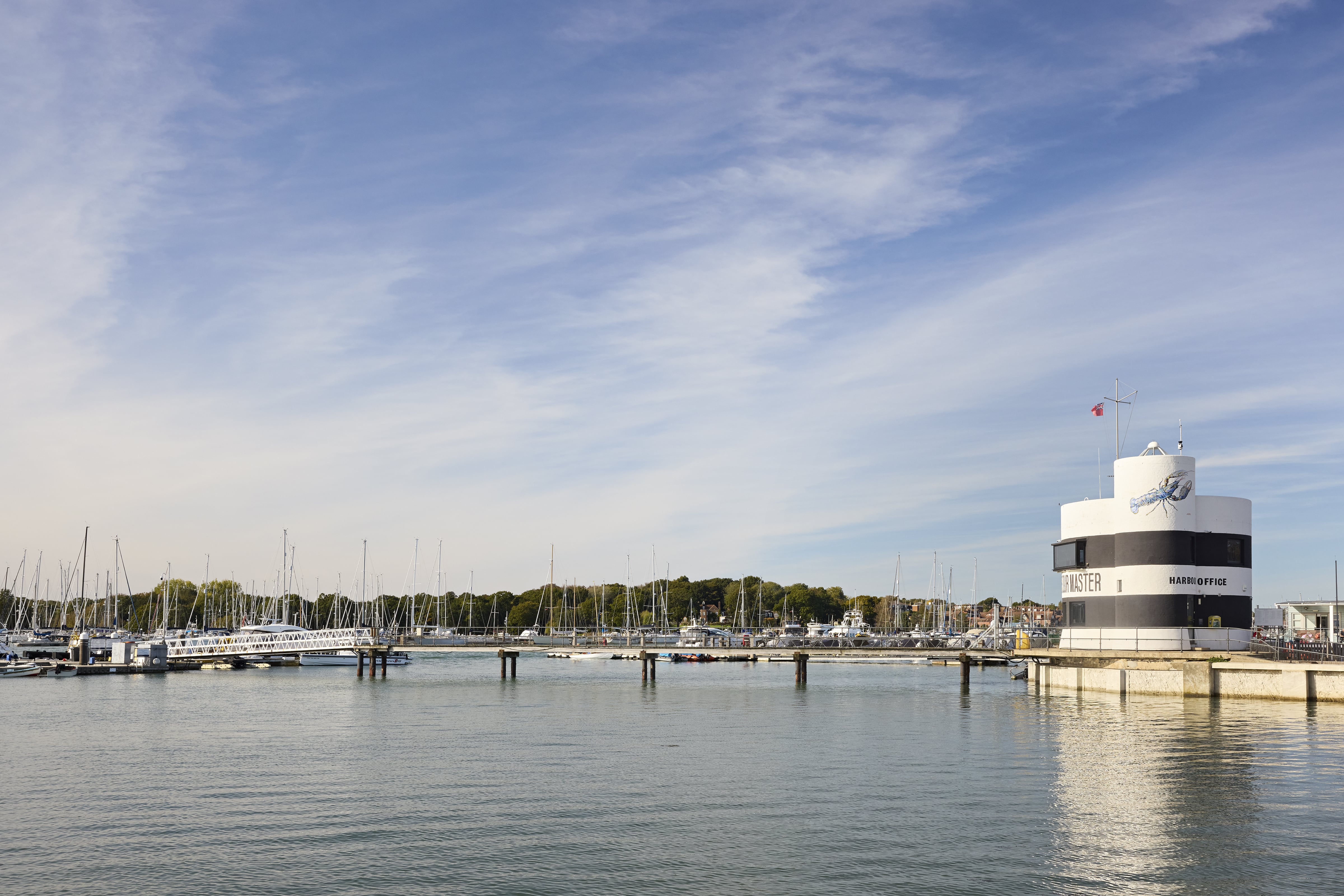 Hamble River Harbour Master's office, a black-and-white striped building in Warsash.