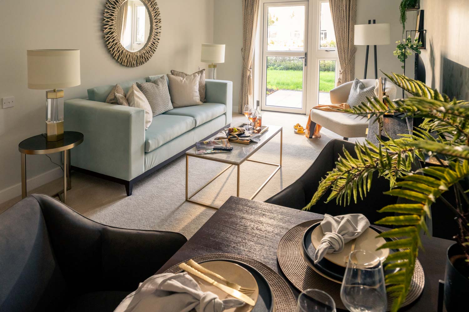 a living room with a couch and a coffee table
