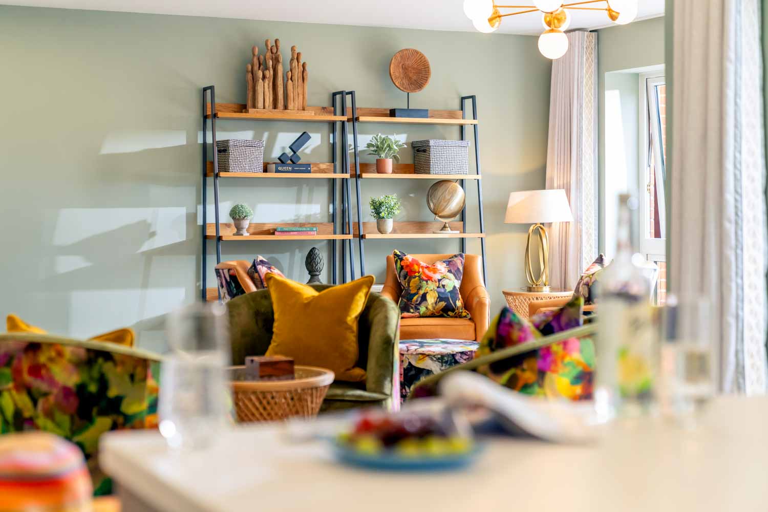 a living room with a shelf
