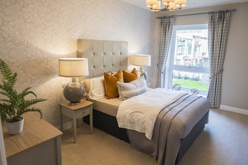 a bedroom with a bed and lamps