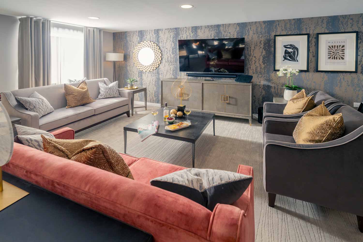 a living room with a couch and a coffee table