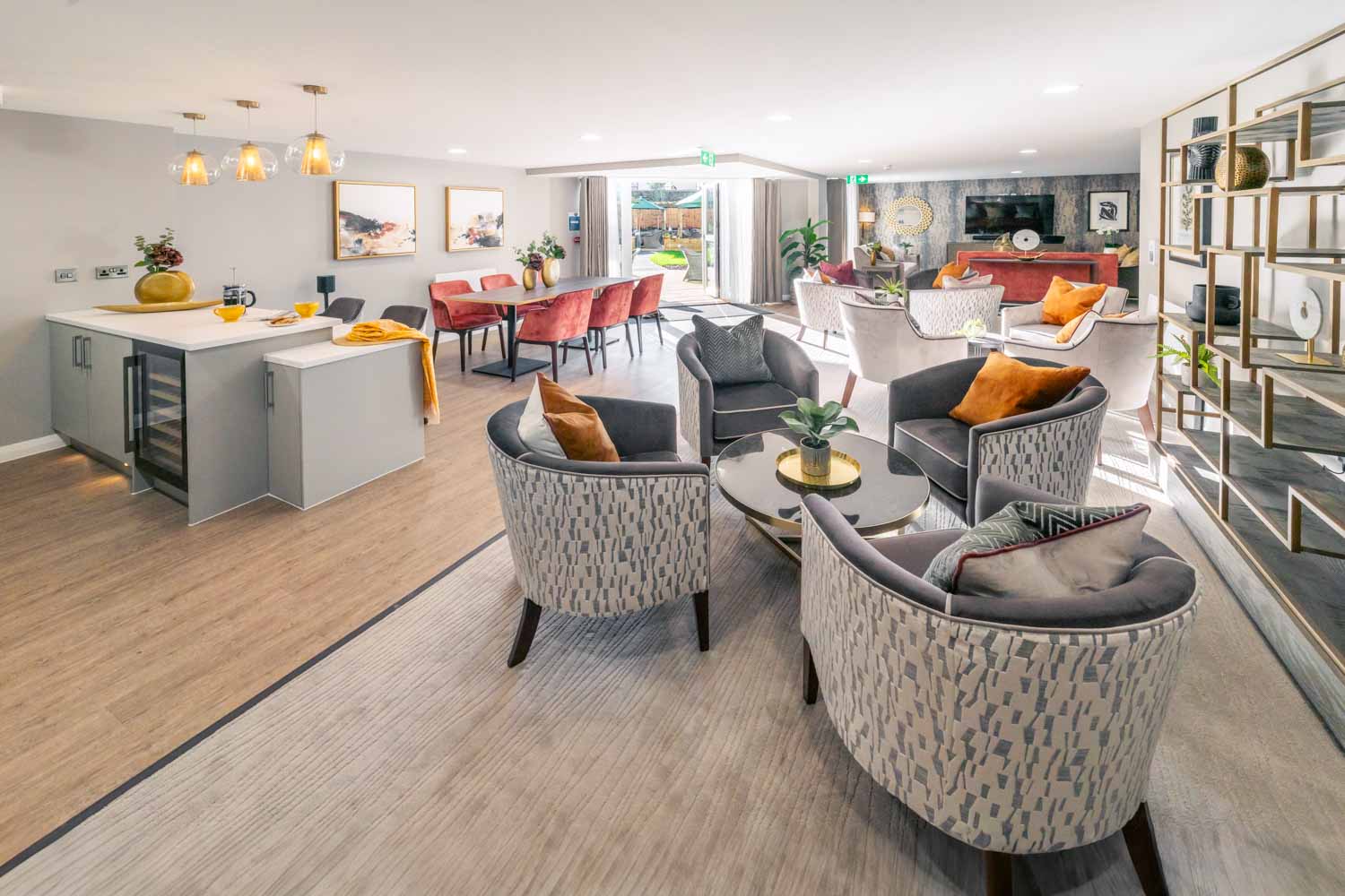 a living room with a wood floor
