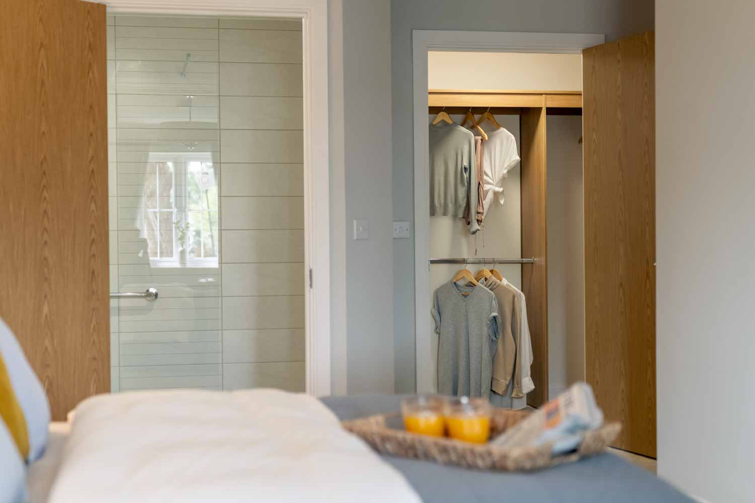 a room with a bed and a closet