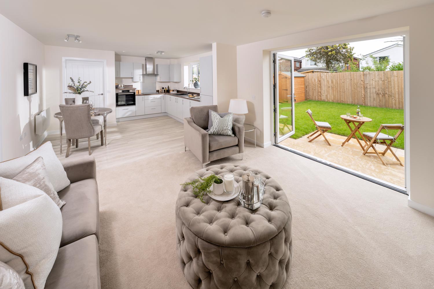 a living room with a large glass door