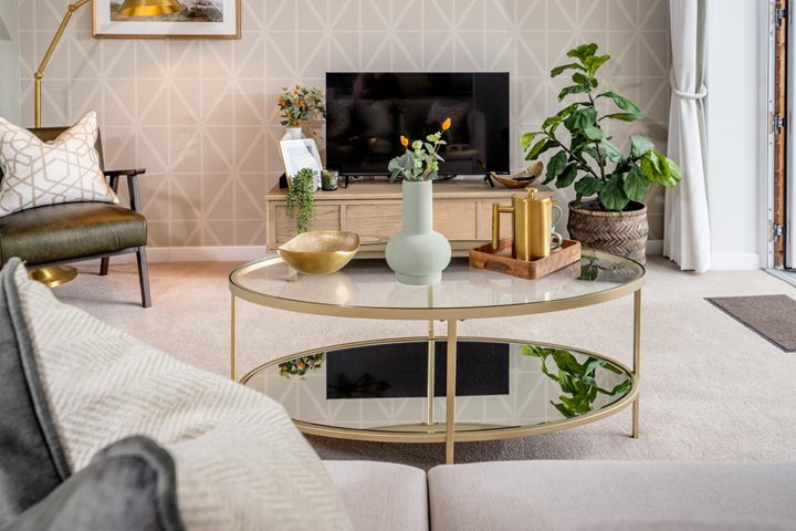 a living room with a fireplace