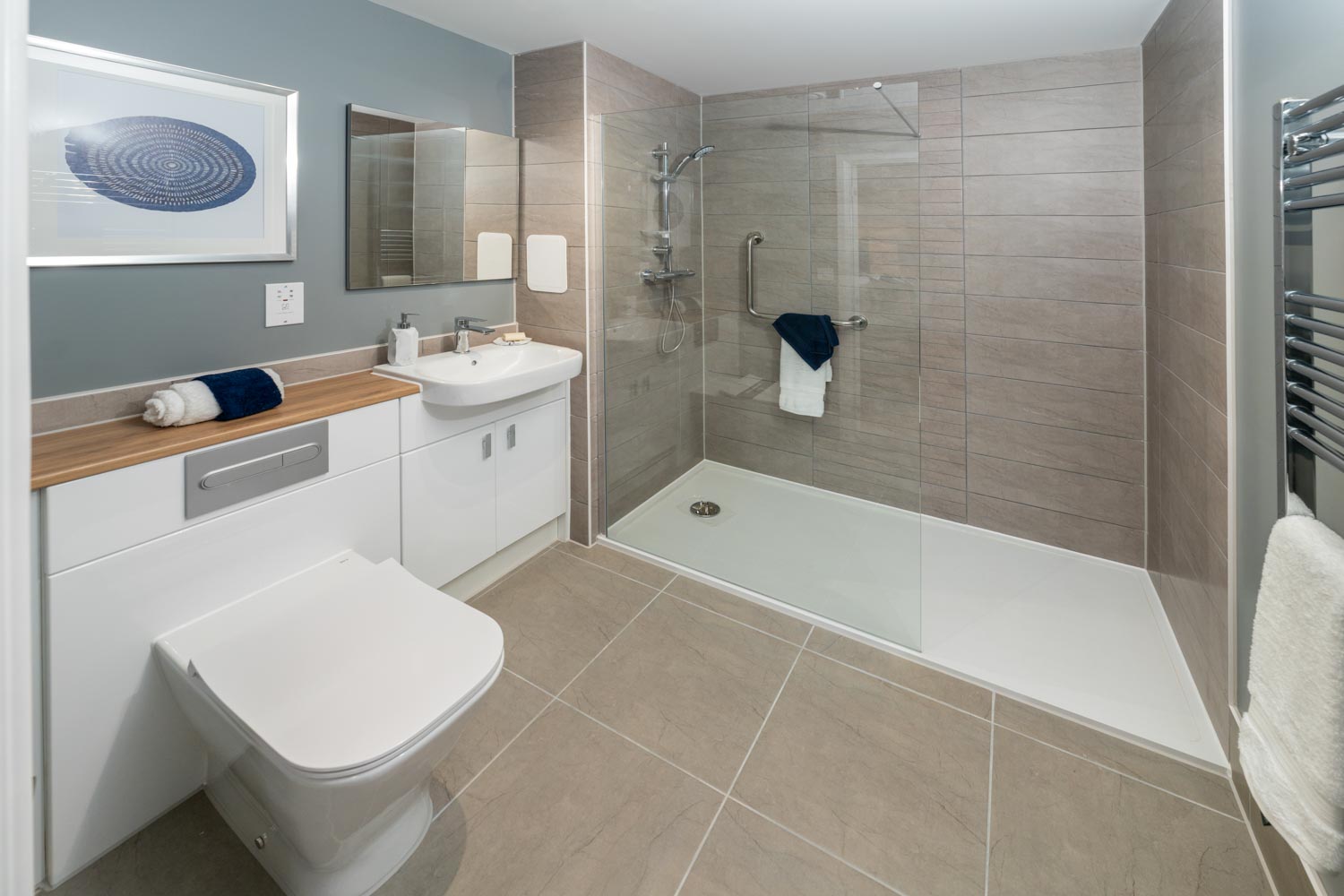 a bathroom with a standup shower