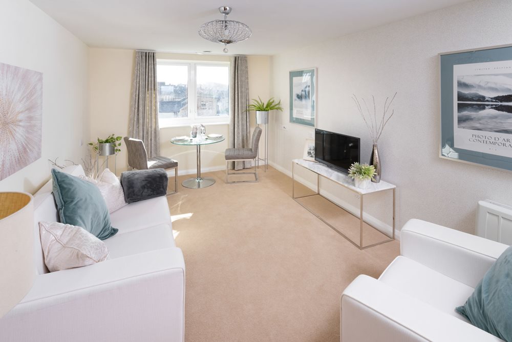 a living room with a large window