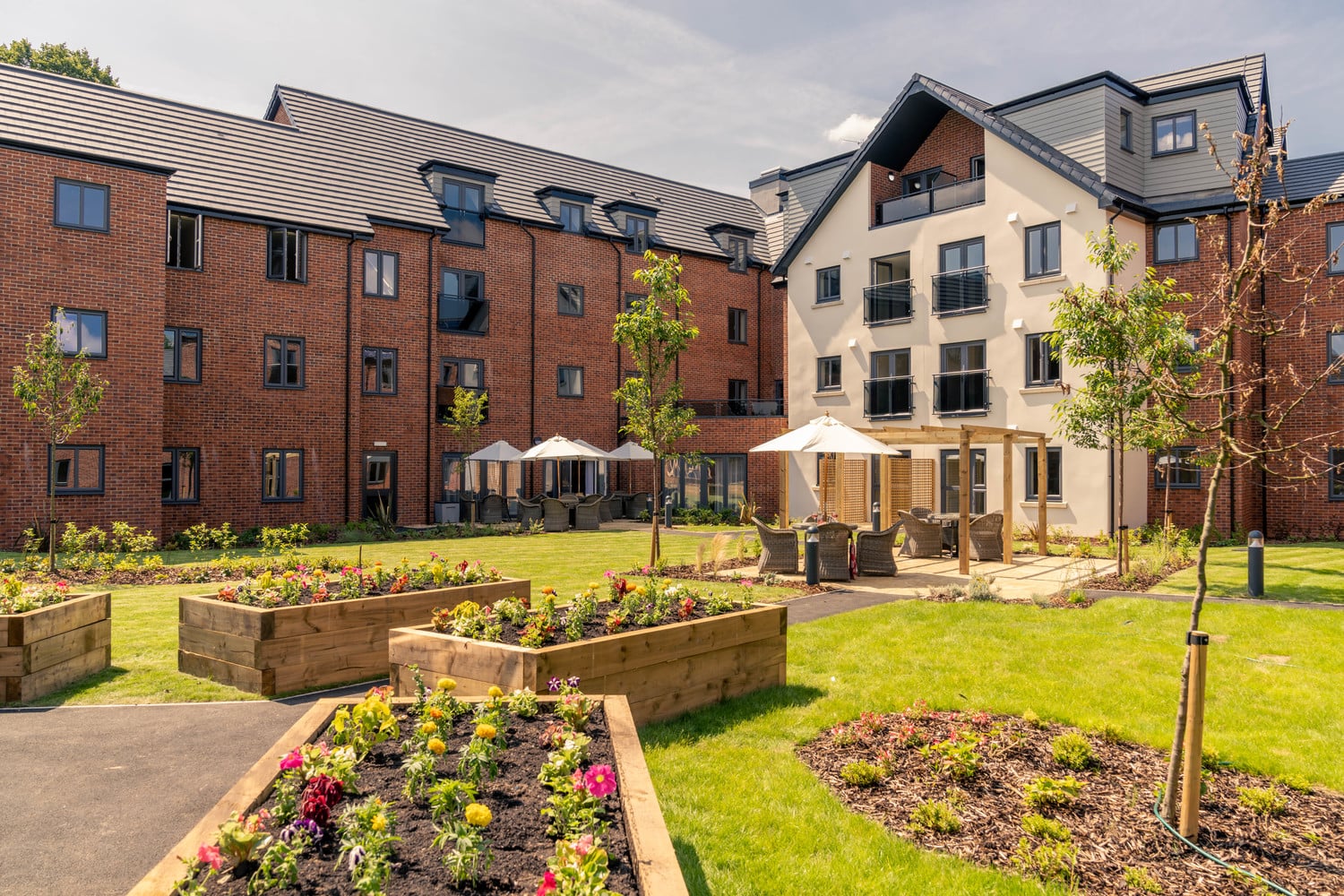 a courtyard with a few buildings