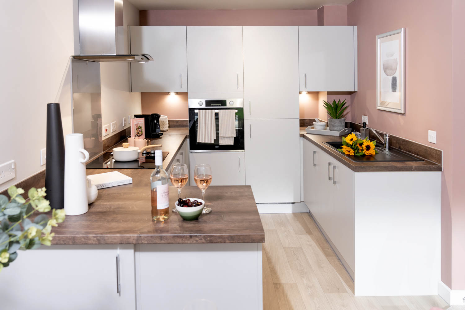 a kitchen with a marble counter top