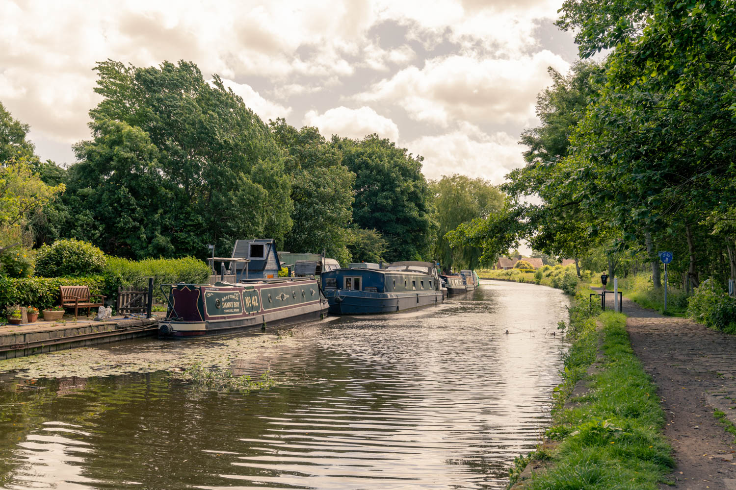 boats are parked on the side of the river