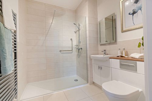 a bathroom with a glass shower