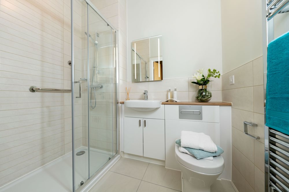 a bathroom with a glass shower