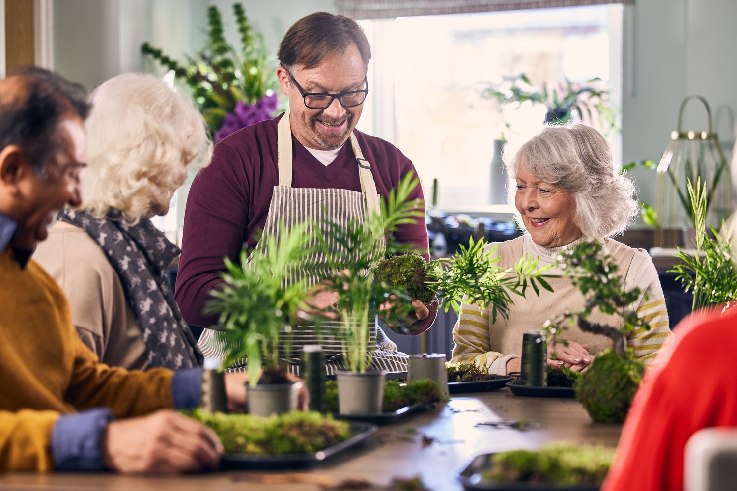 a group of people looking at a plant